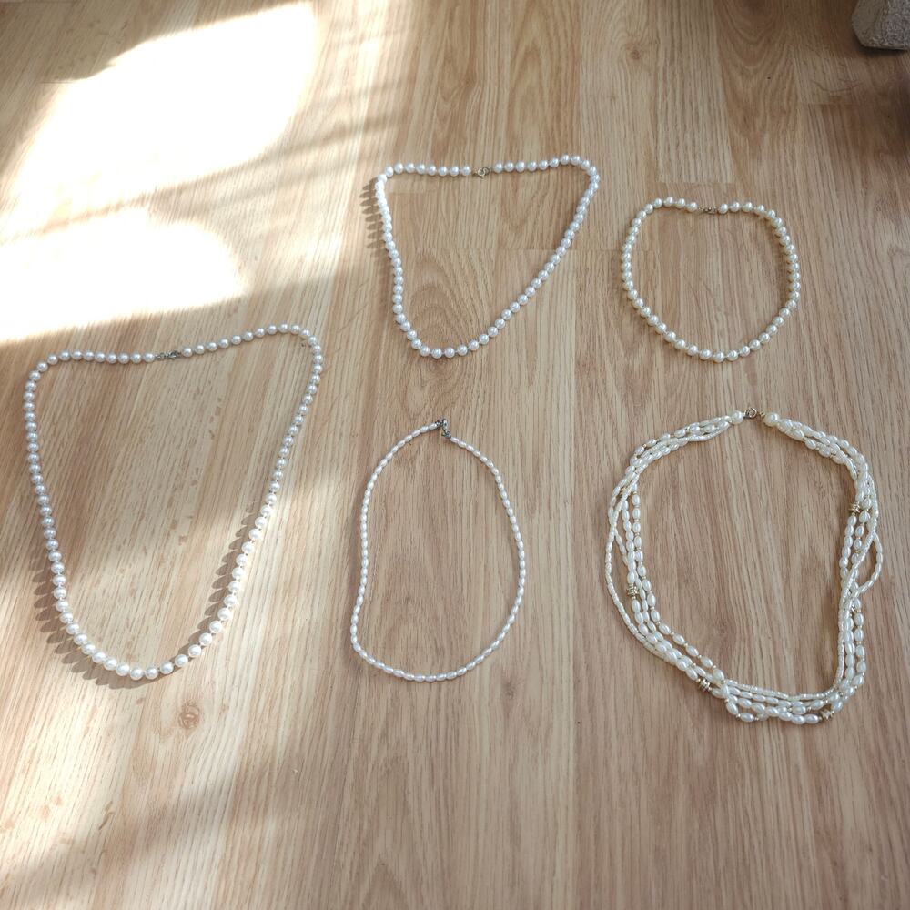 Lot 5‎ Faux Pearl Necklaces Assorted Round Oval Choker Opera Multi Strand Ivory